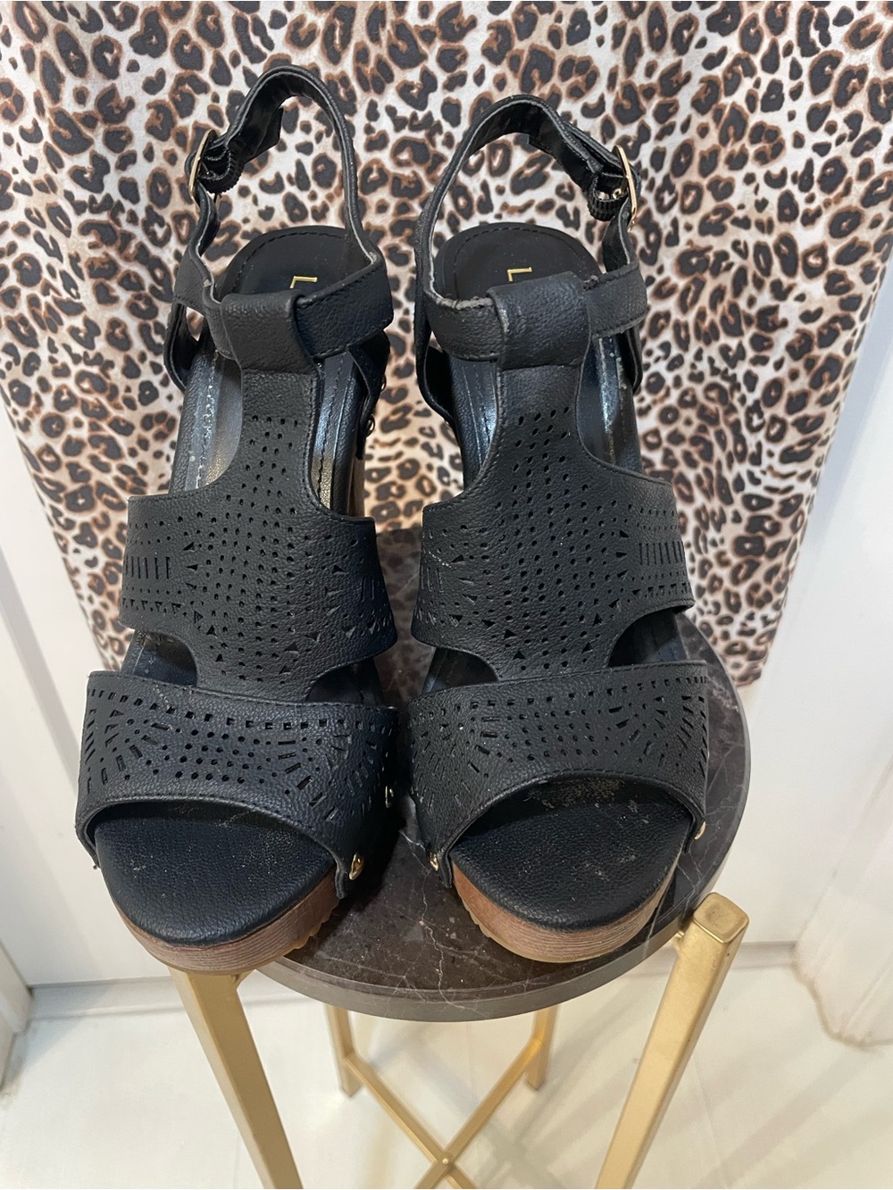 Liliana Black Perforated T-Strap Platform Wedges